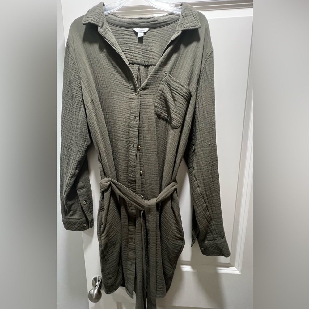 Sonoma Olive green button down linen dress
